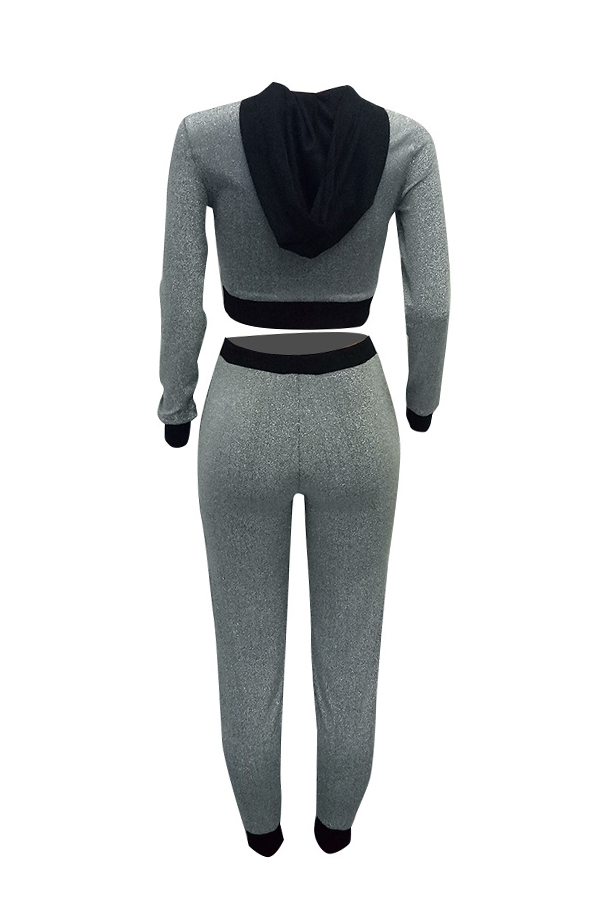  Stylish Hooded Collar Patchwork Grey Blending Two-piece Pants Set