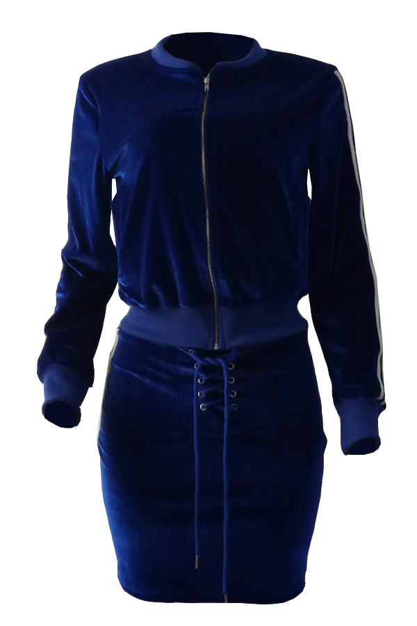  Stylish Mandarin Collar Lace-up Blue Velvet Two-piece Skirt Set