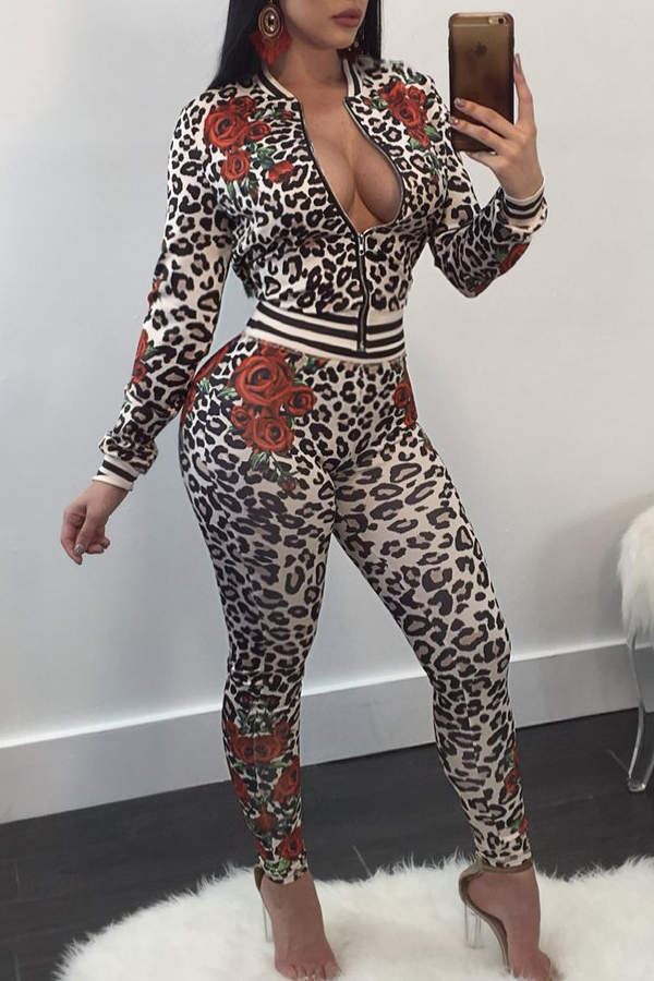  Stylish Mandarin Collar Panther Print Polyester Two-piece Pants Set