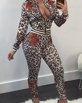  Stylish Mandarin Collar Panther Print Polyester Two-piece Pants Set