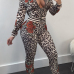  Stylish Mandarin Collar Panther Print Polyester Two-piece Pants Set