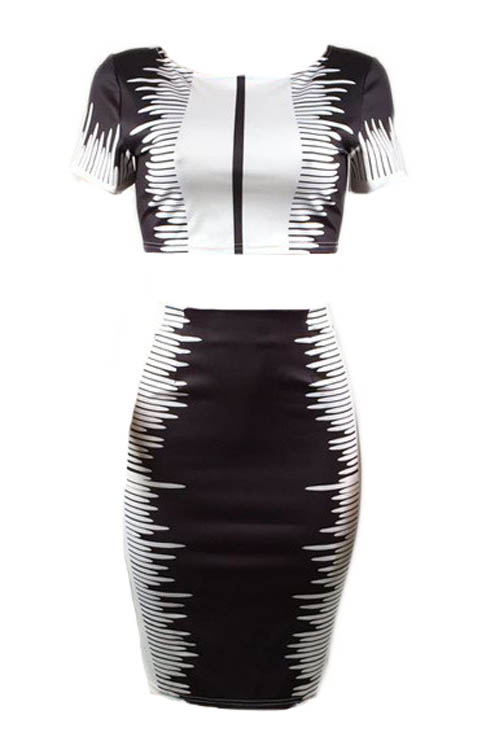  Stylish Round Neck Black-white Printed Polyester Two-piece Skirt Set