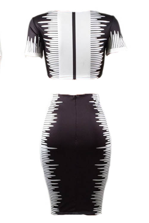  Stylish Round Neck Black-white Printed Polyester Two-piece Skirt Set