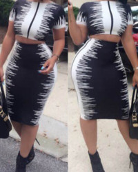  Stylish Round Neck Black-white Printed Polyester Two-piece Skirt Set