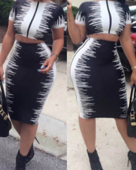  Stylish Round Neck Black-white Printed Polyester Two-piece Skirt Set