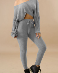  Stylish Sloping Shoulder Drawstring Grey Cotton Two-Piece Pants Set