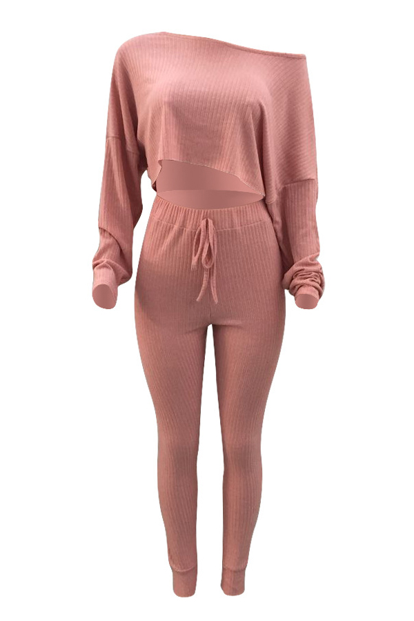  Stylish Sloping Shoulder Drawstring Pink Cotton Two-Piece Pants Set