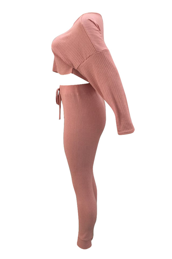  Stylish Sloping Shoulder Drawstring Pink Cotton Two-Piece Pants Set