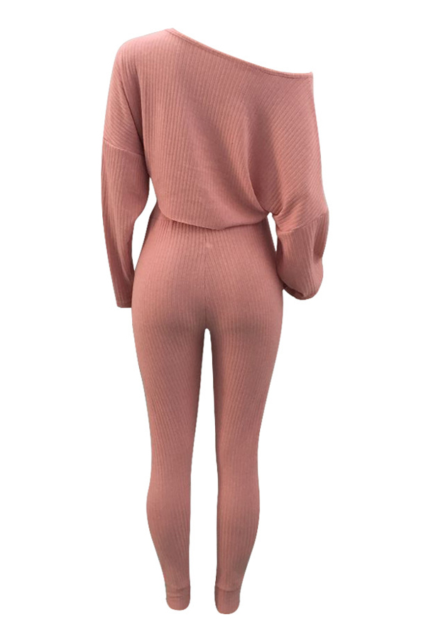  Stylish Sloping Shoulder Drawstring Pink Cotton Two-Piece Pants Set