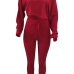  Stylish Sloping Shoulder Drawstring Wine Red Cotton Two-Piece Pants Set