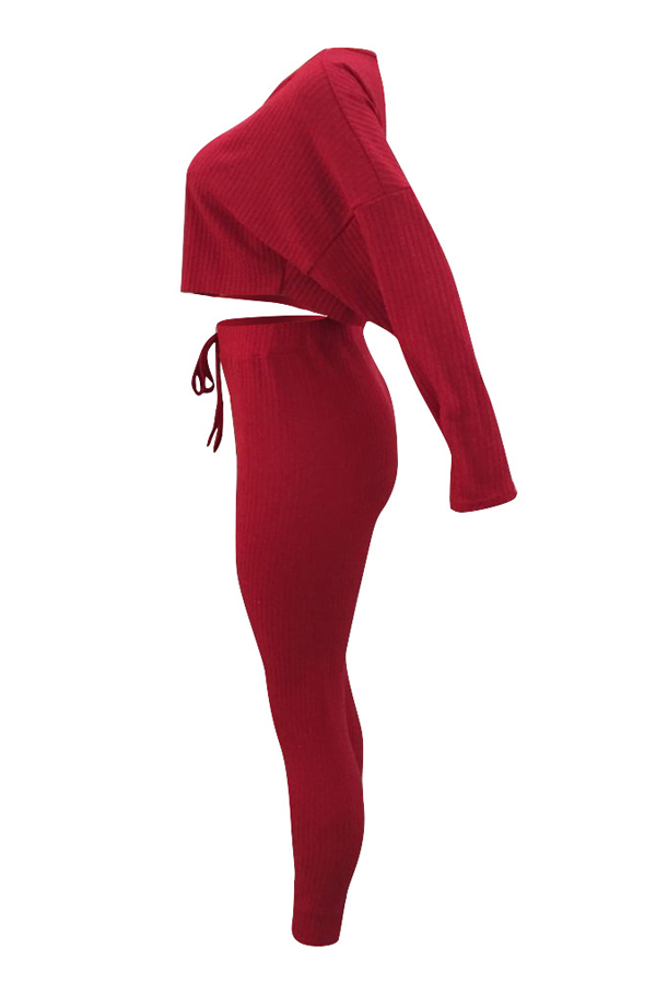  Stylish Sloping Shoulder Drawstring Wine Red Cotton Two-Piece Pants Set