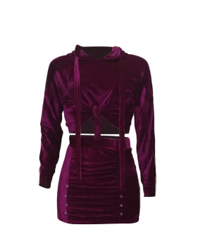  Stylish Turndown Collar Long Sleeves Patchwork Purple Polyester Two-piece Skirt Set