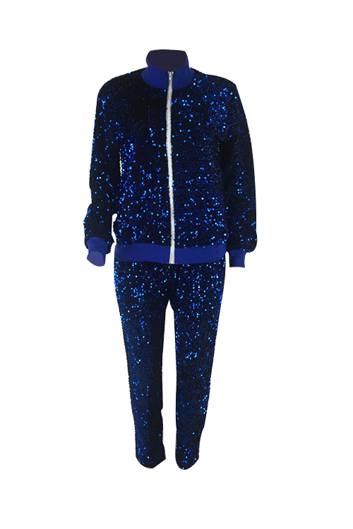  Stylish Turndown Collar Sequins Decoration Zipper Design Blue Polyester Two-Piece Pants Set