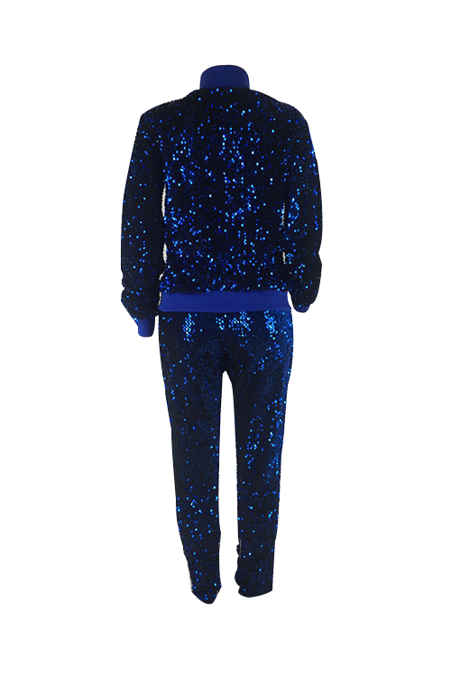  Stylish Turndown Collar Sequins Decoration Zipper Design Blue Polyester Two-Piece Pants Set