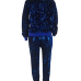  Stylish Turndown Collar Sequins Decoration Zipper Design Blue Polyester Two-Piece Pants Set