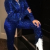  Stylish Turndown Collar Sequins Decoration Zipper Design Blue Polyester Two-Piece Pants Set