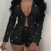  Stylish V Neck Pearl Decoration Black Knitting Two-piece Shorts Set