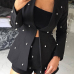  Stylish V Neck Pearl Decoration Black Knitting Two-piece Shorts Set