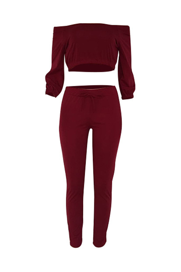  Trendy Bateau Neck Lacing Purplish Red Blending Two-piece Pants Set