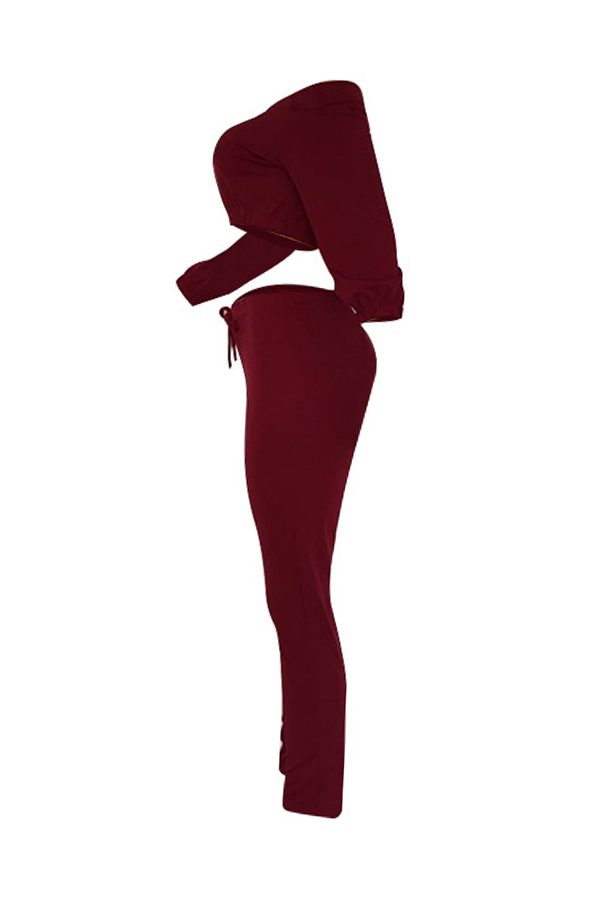  Trendy Bateau Neck Lacing Purplish Red Blending Two-piece Pants Set