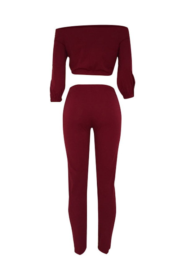  Trendy Bateau Neck Lacing Purplish Red Blending Two-piece Pants Set