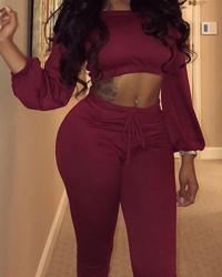  Trendy Bateau Neck Lacing Purplish Red Blending Two-piece Pants Set