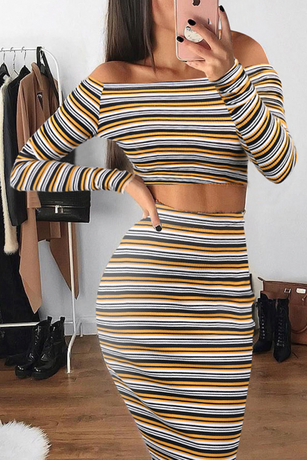  Trendy Dew Shoulder Striped Blending Two-piece Skirt Set