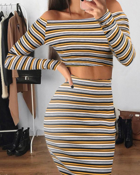  Trendy Dew Shoulder Striped Blending Two-piece Skirt Set