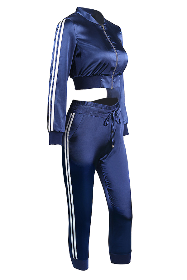  Trendy Mandarin Collar Long Sleeves Zipper Design Blue Polyester Two-piece Pants Set