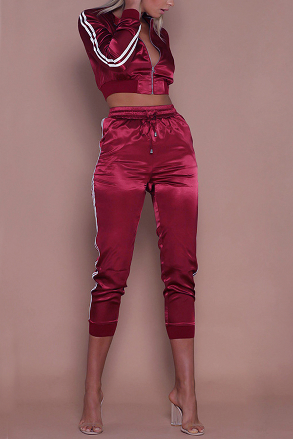  Trendy Mandarin Collar Long Sleeves Zipper Design Red Polyester Two-piece Pants Set