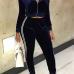  Trendy Mandarin Collar Striped Deep Blue Velvet Two-piece Pants Set