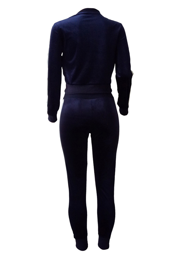  Trendy Mandarin Collar Striped Deep Blue Velvet Two-piece Pants Set