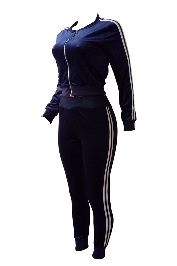  Trendy Mandarin Collar Striped Deep Blue Velvet Two-piece Pants Set