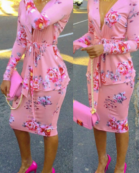  Trendy V Neck Long Sleeves Floral Print Pink Milk Fiber Two-piece Skirt Set