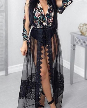 Black Chiffon Skirt Print V Neck Long Sleeve Sexy Two Pieces