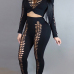 Black Qmilch Pants Solid O neck Long Sleeve Sexy Two Pieces