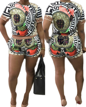 Bohemian Style Round Neck Short Sleeves Printed Qmilch Two-piece Shorts Set