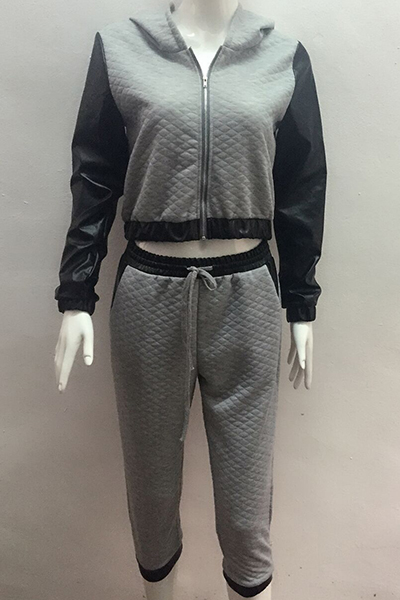 Casual Long Sleeves PU Patchwork Grey Cottob Blend Two-piece Hooded Sweat Set(Please in Kind Prevail)