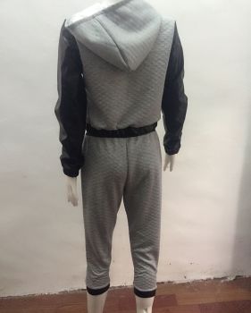 Casual Long Sleeves PU Patchwork Grey Cottob Blend Two-piece Hooded Sweat Set(Please in Kind Prevail)