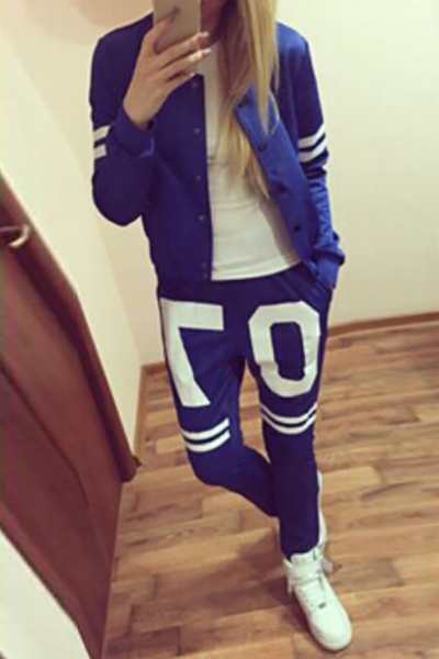 Casual Long Sleeves Print Blue Cotton Blend Two-piece Regular Sweat Set