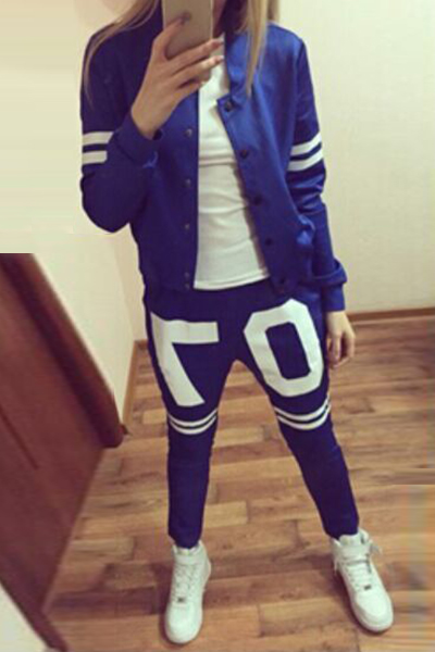 Casual Long Sleeves Print Blue Cotton Blend Two-piece Regular Sweat Set