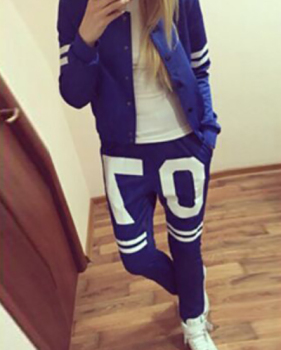 Casual Long Sleeves Print Blue Cotton Blend Two-piece Regular Sweat Set