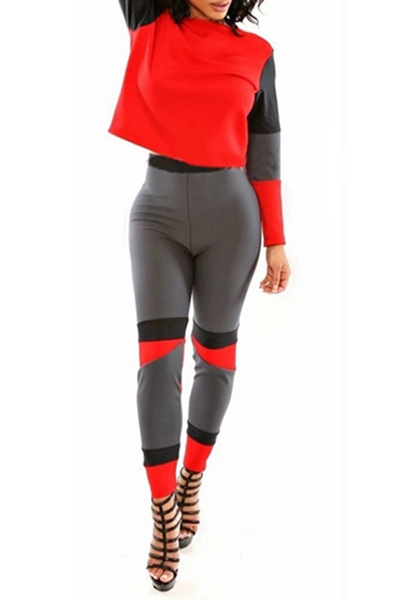 Casual O Neck Long Sleeves Color-block Splicing Polyester Two-piece Pants Set