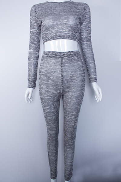 Casual O Neck Long Sleeves Grey Knitting Two-piece Pants Set