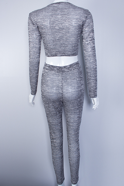 Casual O Neck Long Sleeves Grey Knitting Two-piece Pants Set