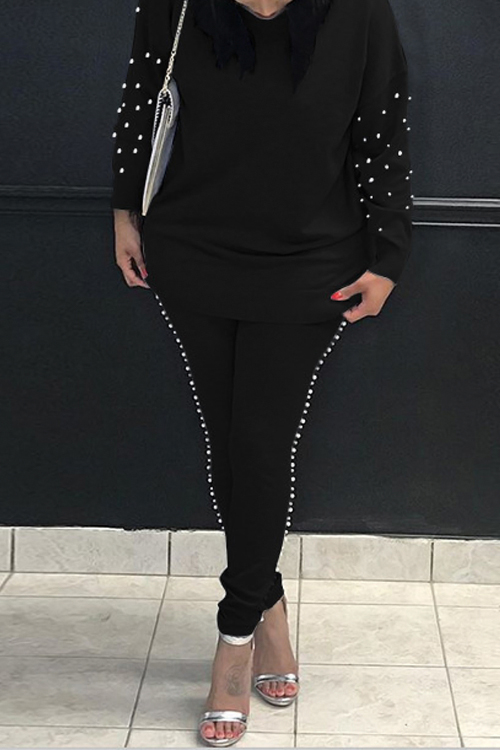 Casual Round Neck Pearl Decoration Black Blending Two-Piece Pants Set