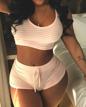 Casual Round Neck Sleeveless Striped Pink Polyester Two-piece Shorts Set