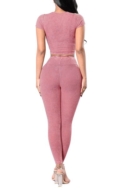 Casual U-shaped Neck Short Sleeves High Waist Pink Cotton Blend Two-piece Pants Set