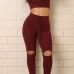 Casual V Neck Long Sleeves High Waist Broken Holes Red Knitting Two-piece Pants Set