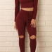 Casual V Neck Long Sleeves High Waist Broken Holes Red Knitting Two-piece Pants Set